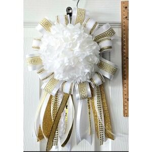 Handmade White and Gold Homecoming Mum Greek Key Ribbon Glitter Sequin Streamers